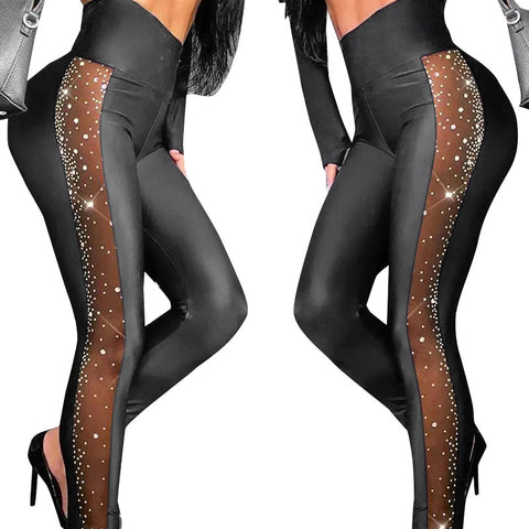 Rhinestone Mesh Stitching Tight Casual Trousers Looty Lush