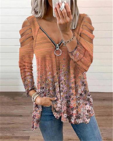 Looty Lush V-neck Small Floral Zipper Long-sleeved Loose T-shirt Top