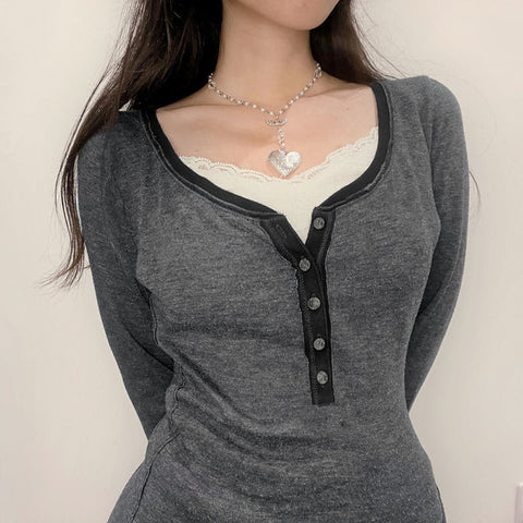 Looty Lush Female Gray Breasted Long Sleeve T-shirt Pullover Top