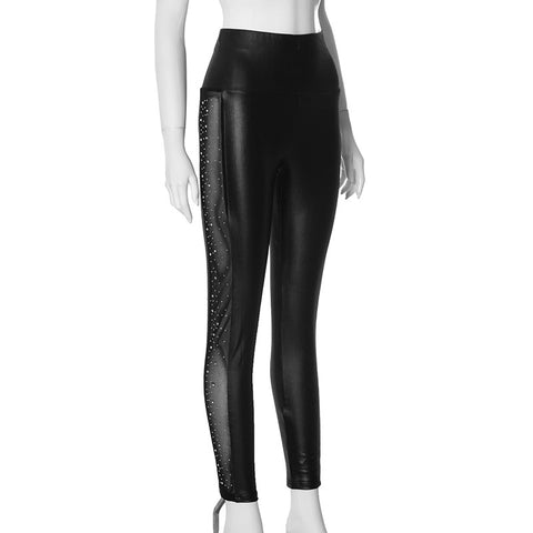 Rhinestone Mesh Stitching Tight Casual Trousers Looty Lush