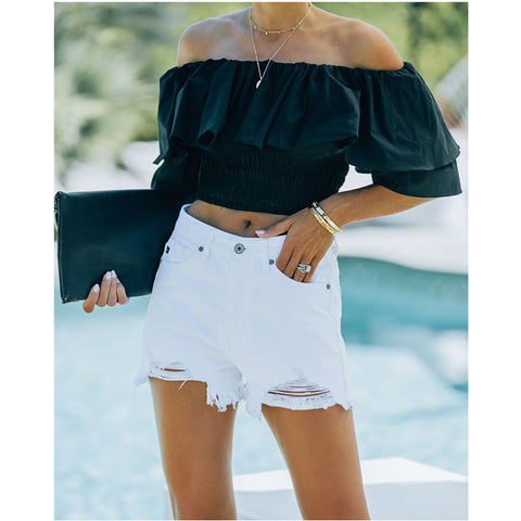 Women's High Waist White Hole Raw Edge Denim Shorts Looty Lush