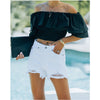 Women's High Waist White Hole Raw Edge Denim Shorts Looty Lush