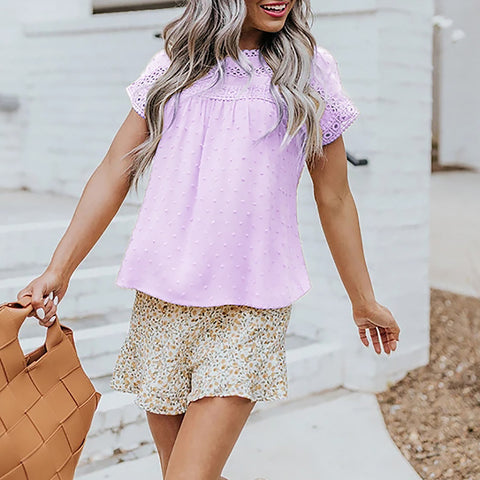 Looty Lush Lace Crochet Pompom Short-Sleeved Casual Shirt Top Women